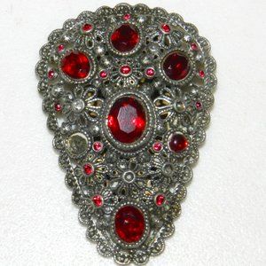 Filigree Brooch Pin "NE"  Light Red  Rhinestones